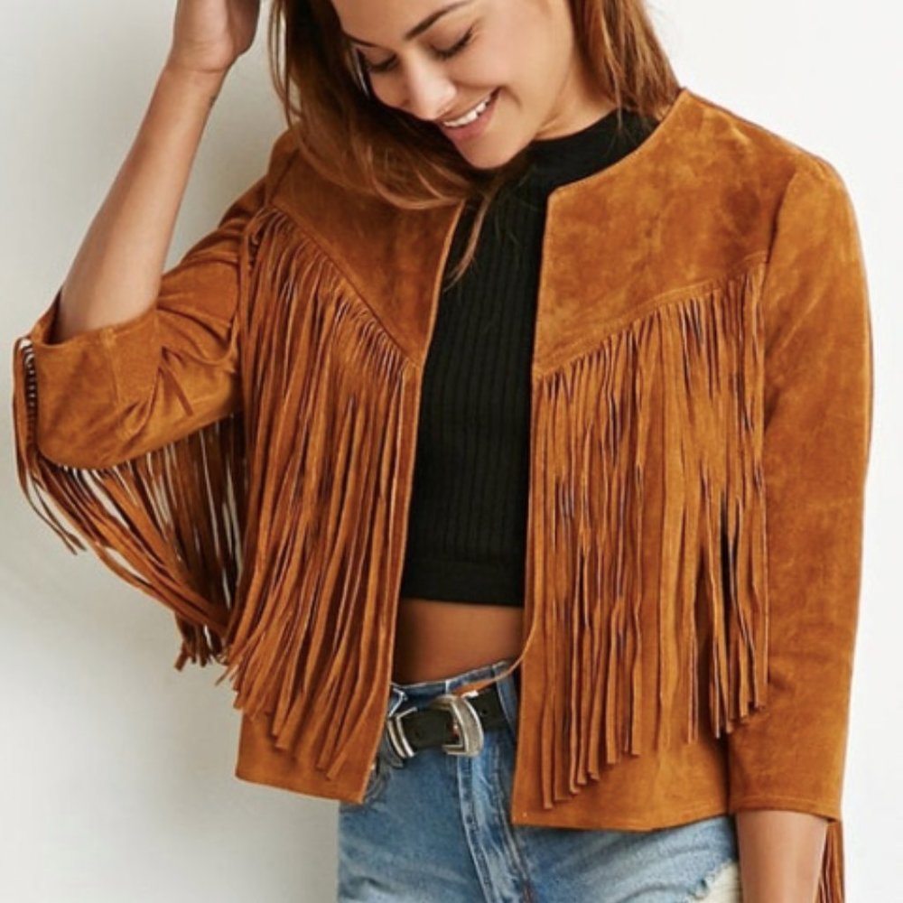 genuine suede and fringe crop jacket - small